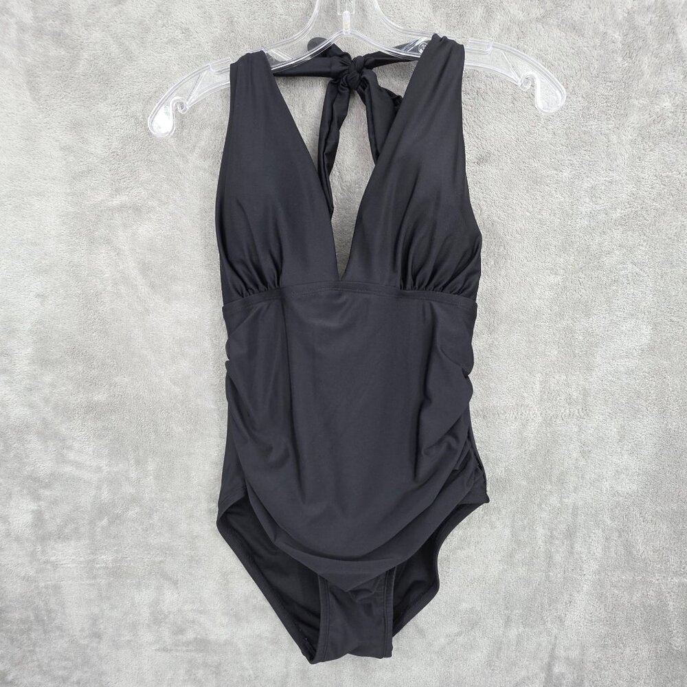 DKNY 1 Piece Swimsuit L Black Halter Ruched Tummy Control Beach Pool Vacay Solid - Picture 11 of 11